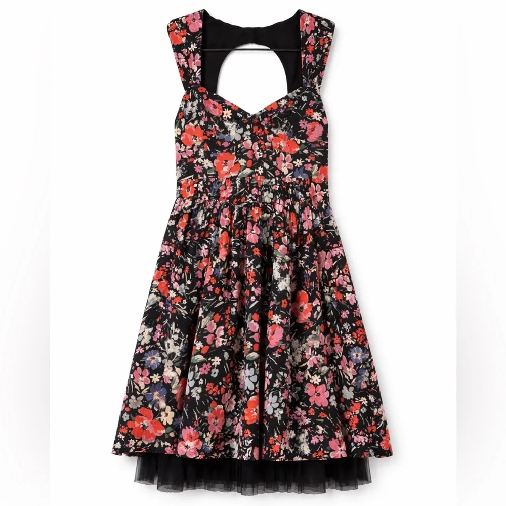 Free People Black Floral Midi Dress with Red & Pink Blooms size 4